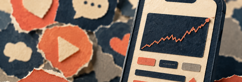 Illustrazione a collage di uno smartphone con un app di trading tra icone social sfocate