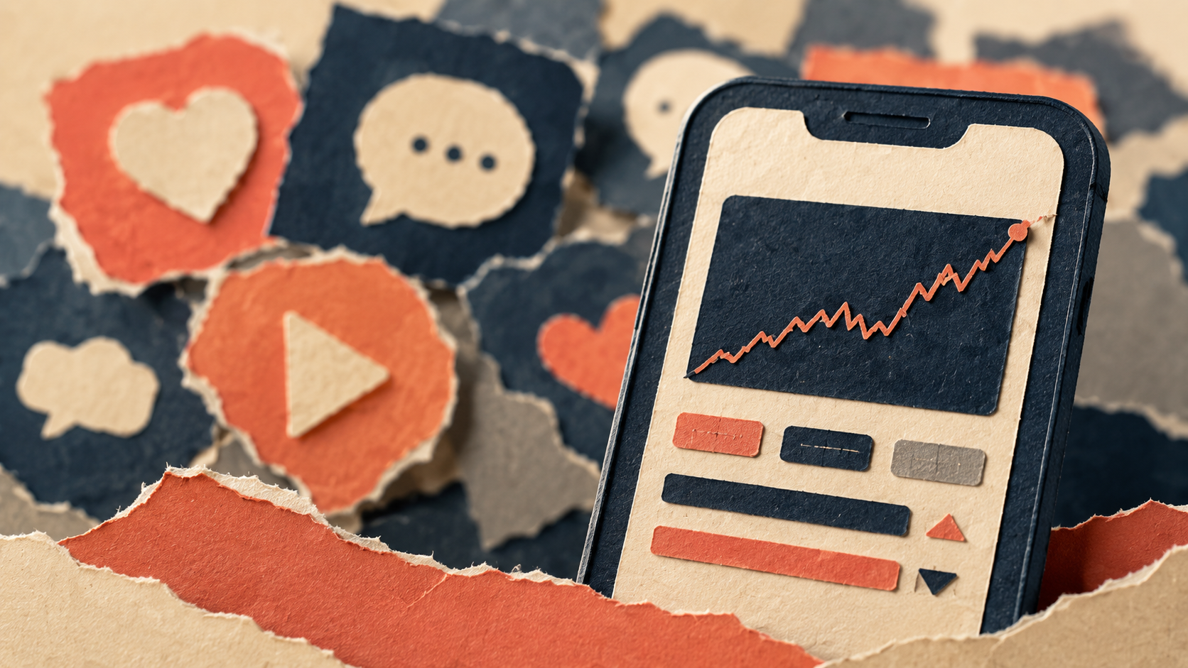 Illustrazione a collage di uno smartphone con un'app di trading tra icone social sfocate