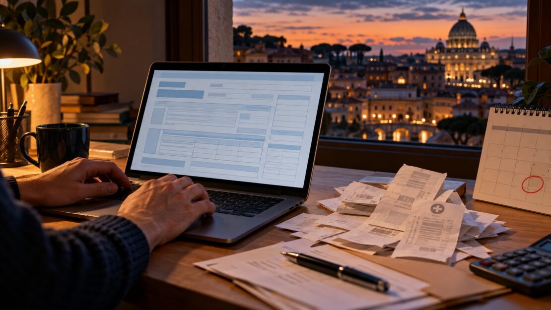 Persona che compila un modulo fiscale al laptop con scontrini e ricevute sparse sulla scrivania