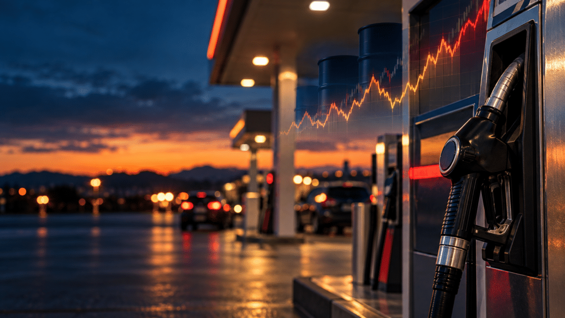 Distributore di carburante al tramonto con grafico dei prezzi in rialzo sullo sfondo