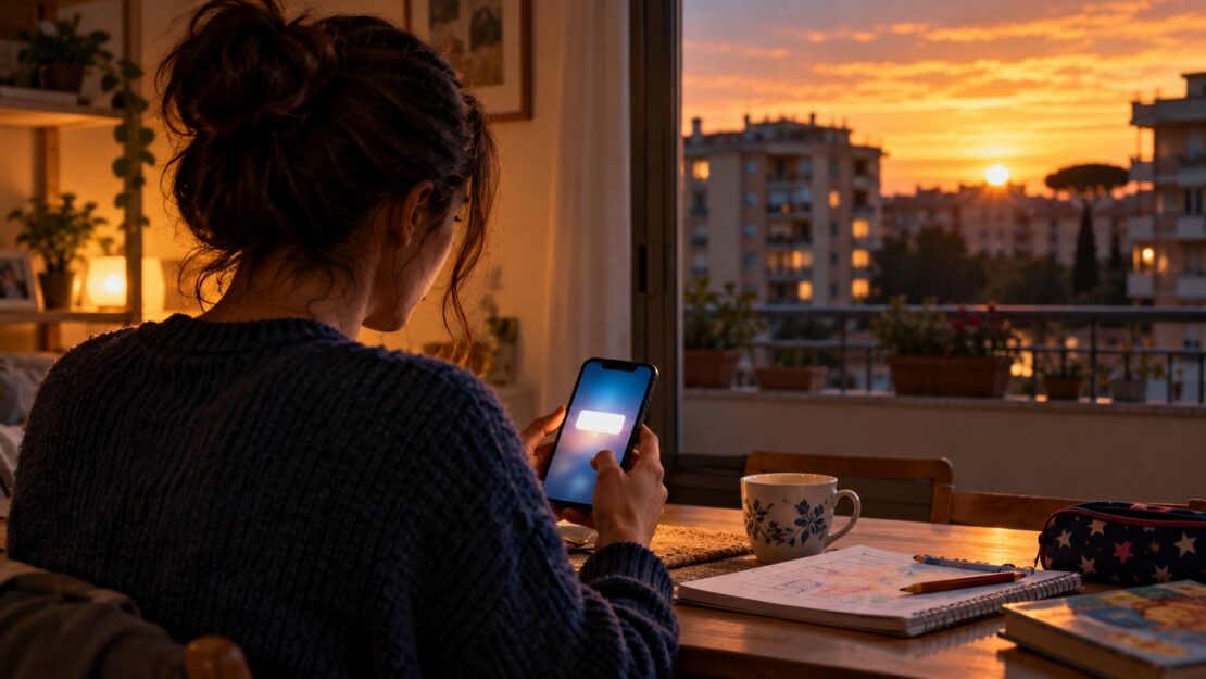 Madre che controlla una notifica sullo smartphone al tavolo di casa accanto a un quaderno scolastico