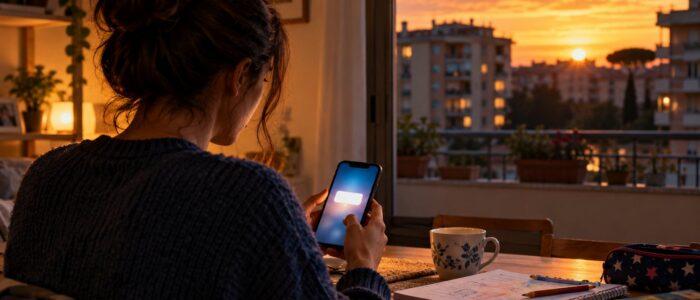 Madre che controlla una notifica sullo smartphone al tavolo di casa accanto a un quaderno scolastico