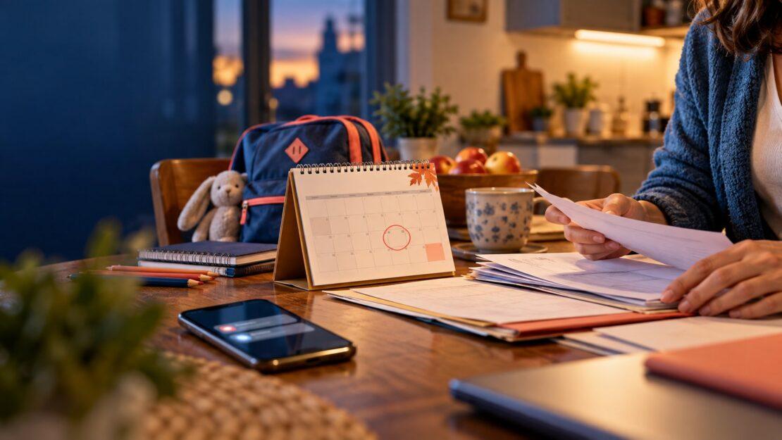 Tavolo di casa con calendario, zaino scolastico e documenti che una madre sta controllando