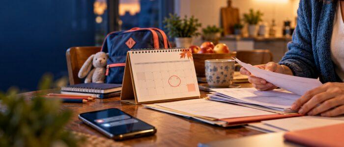 Tavolo di casa con calendario, zaino scolastico e documenti che una madre sta controllando