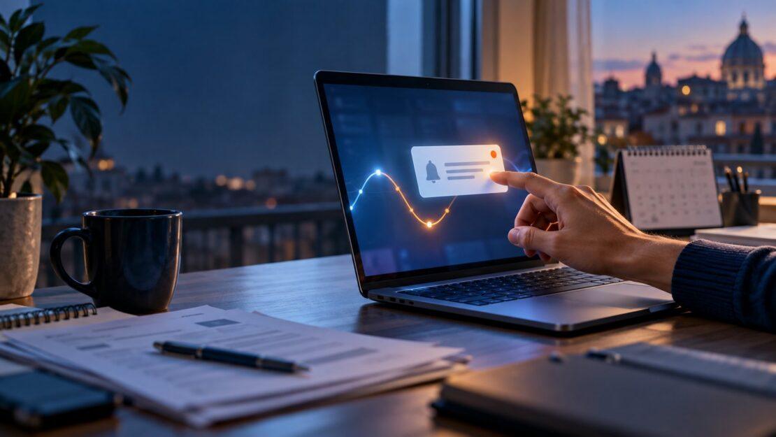 Laptop con notifica e grafico di rendimento su una scrivania al tramonto