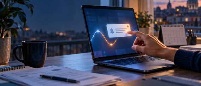 Laptop con notifica e grafico di rendimento su una scrivania al tramonto