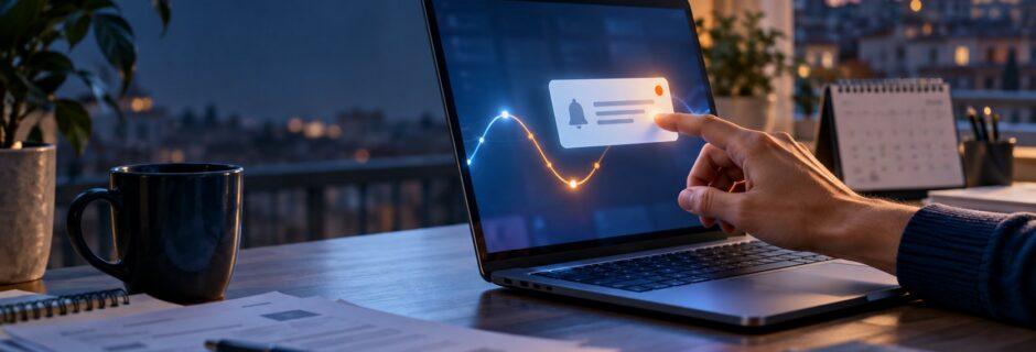 Laptop con notifica e grafico di rendimento su una scrivania al tramonto