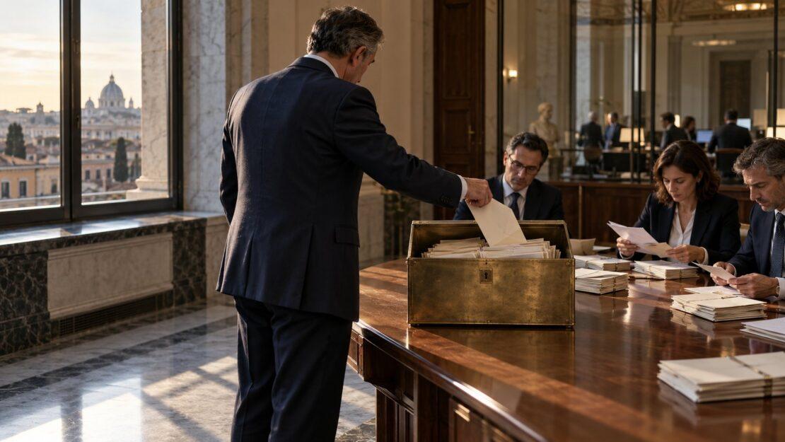 Funzionario che deposita una busta in una cassetta d’asta in una sala istituzionale con vista su Roma