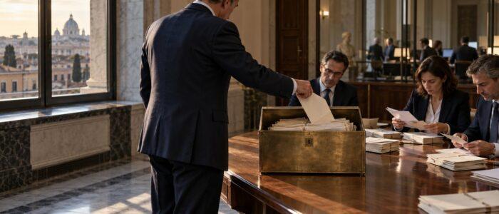 Funzionario che deposita una busta in una cassetta d’asta in una sala istituzionale con vista su Roma
