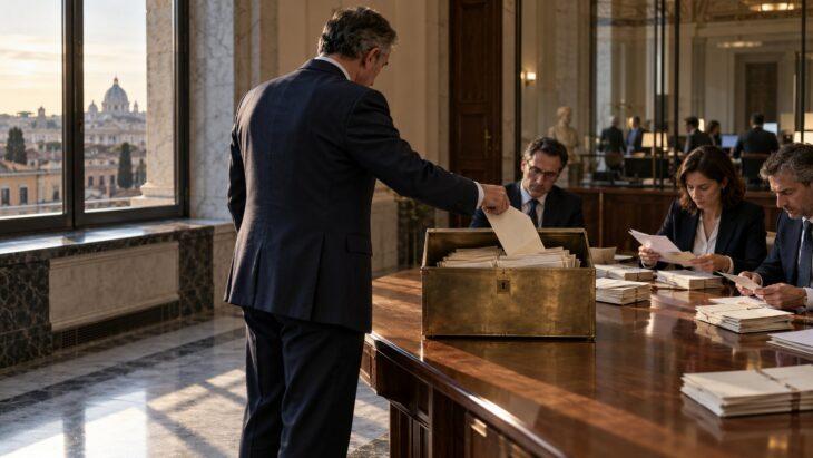 Funzionario che deposita una busta in una cassetta d’asta in una sala istituzionale con vista su Roma
