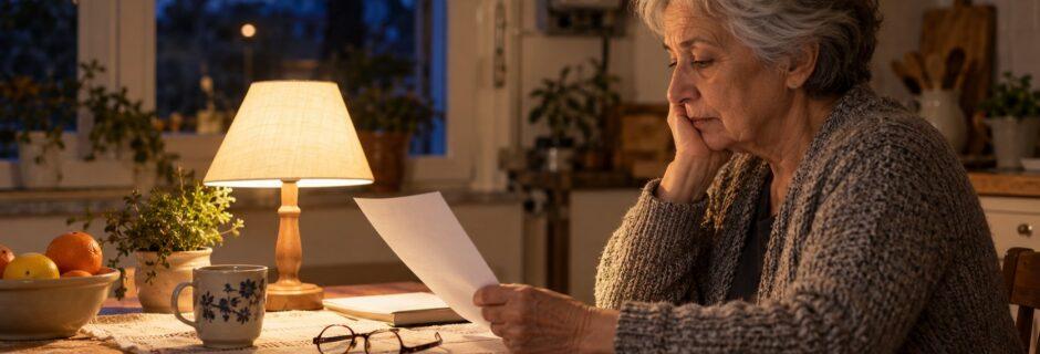 Donna anziana legge una bolletta al tavolo della cucina alla luce di una lampada