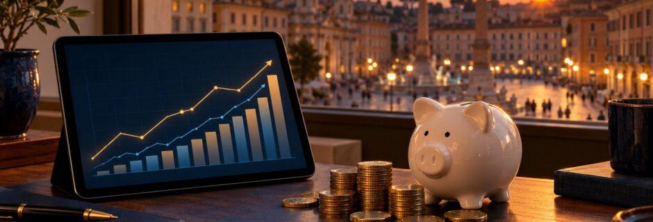 Tablet con grafico di rendimento in crescita accanto a un salvadanaio e monete in euro