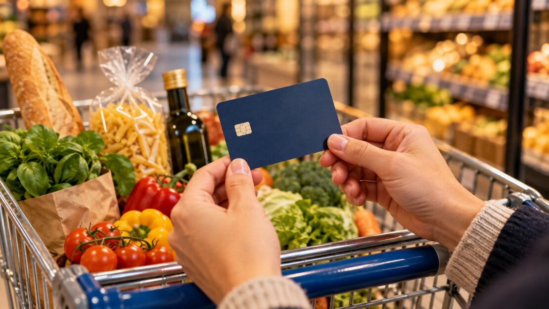 Mani che tengono una carta prepagata davanti a un carrello della spesa pieno di alimenti