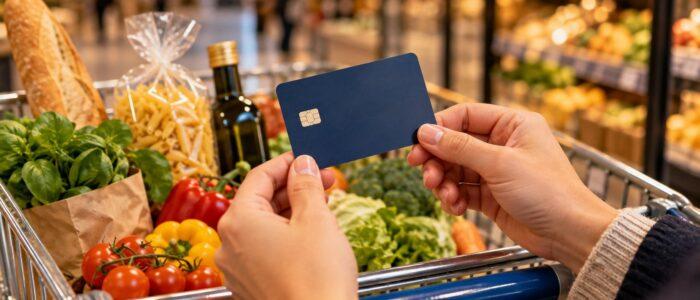 Mani che tengono una carta prepagata davanti a un carrello della spesa pieno di alimenti