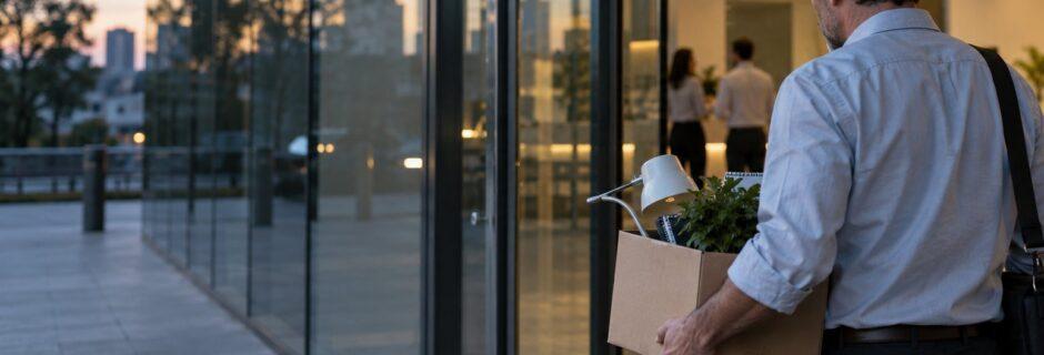 Impiegato esce da un palazzo di uffici con una scatola di cartone in mano