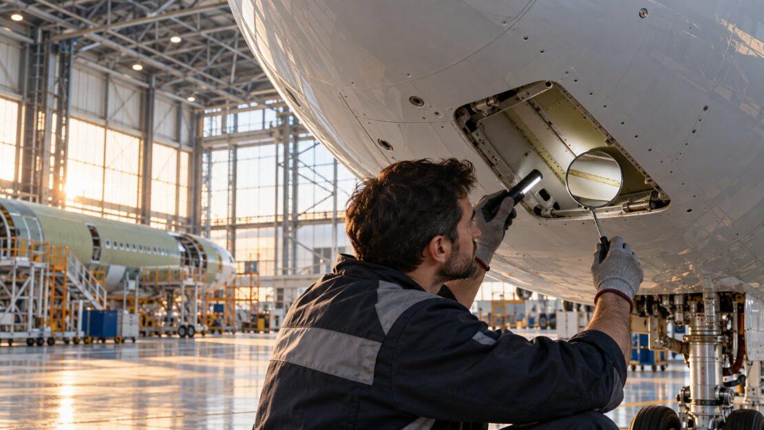 Tecnico ispeziona la fusoliera di un aereo di linea in un hangar