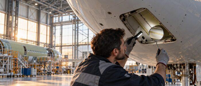 Tecnico ispeziona la fusoliera di un aereo di linea in un hangar