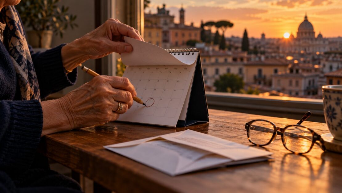 Mani di una donna anziana che segna una data su un calendario da tavolo accanto a una busta e un paio di occhiali