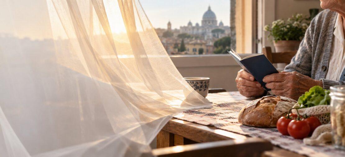 Mani di una pensionata che tengono un libretto accanto a pane e verdure sul tavolo di cucina