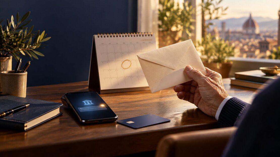 Mano di un pensionato che tiene una busta accanto a un calendario e a uno smartphone con app bancaria