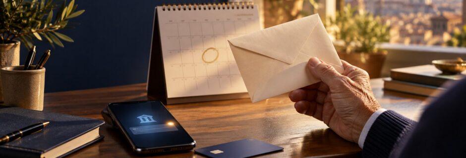 Mano di un pensionato che tiene una busta accanto a un calendario e a uno smartphone con app bancaria