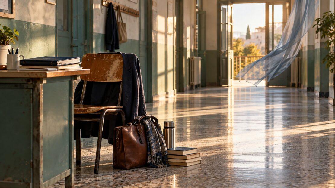 Corridoio di una scuola illuminato dal sole con una sedia, una borsa da insegnante e dei libri