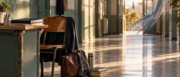 Corridoio di una scuola illuminato dal sole con una sedia, una borsa da insegnante e dei libri