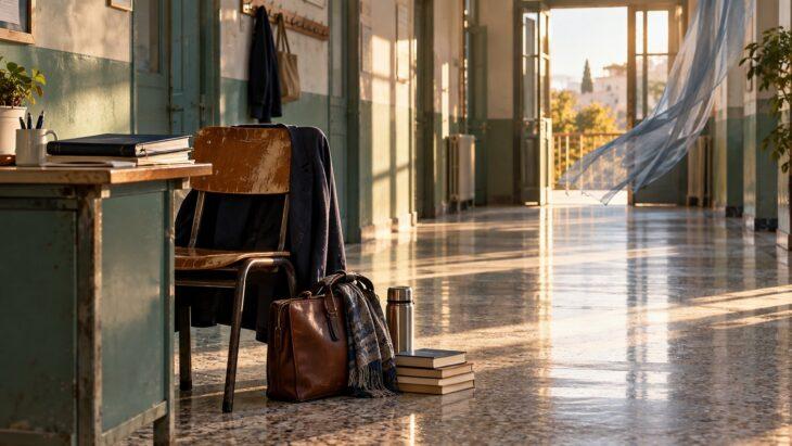 Corridoio di una scuola illuminato dal sole con una sedia, una borsa da insegnante e dei libri