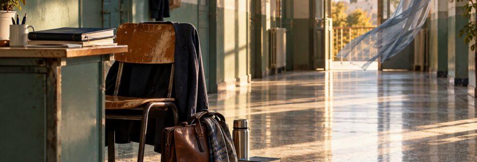 Corridoio di una scuola illuminato dal sole con una sedia, una borsa da insegnante e dei libri