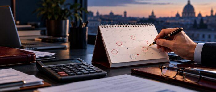 Professionista che segna le scadenze su un calendario da scrivania accanto a una calcolatrice