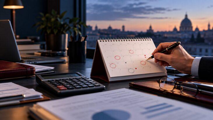 Professionista che segna le scadenze su un calendario da scrivania accanto a una calcolatrice
