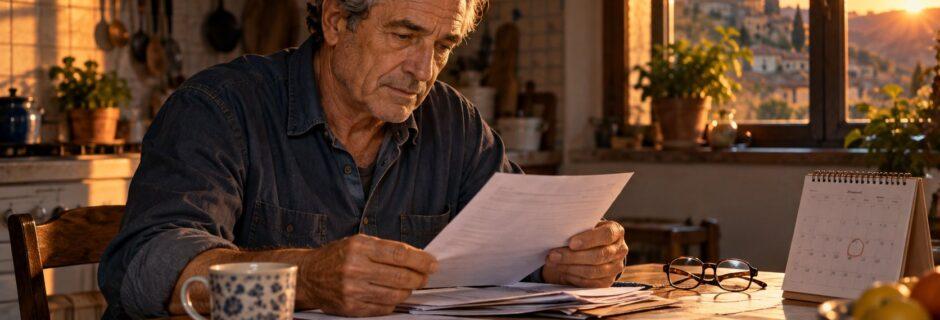 Pensionato legge i documenti per la domanda di Ape sociale al tavolo della cucina