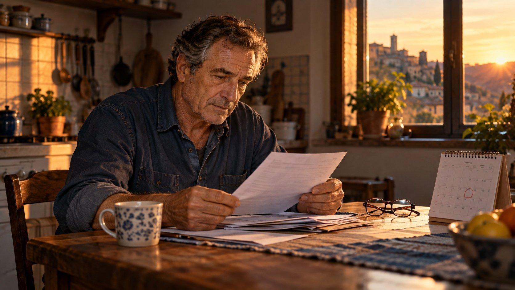 Pensionato legge i documenti per la domanda di Ape sociale al tavolo della cucina