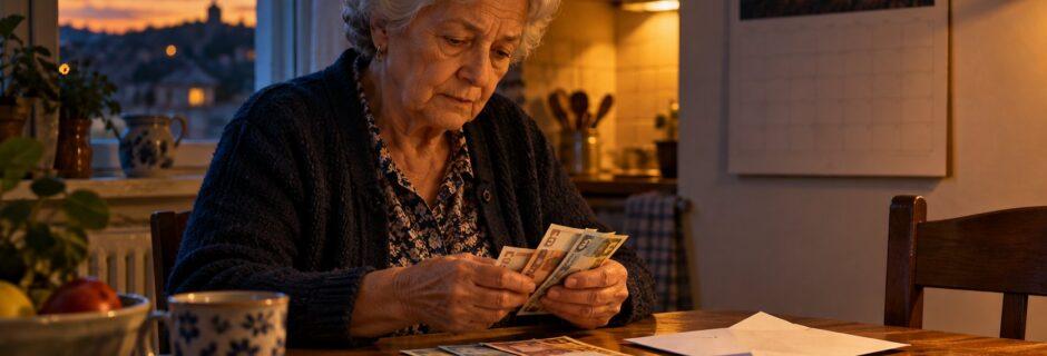 Anziana signora conta le banconote al tavolo della cucina