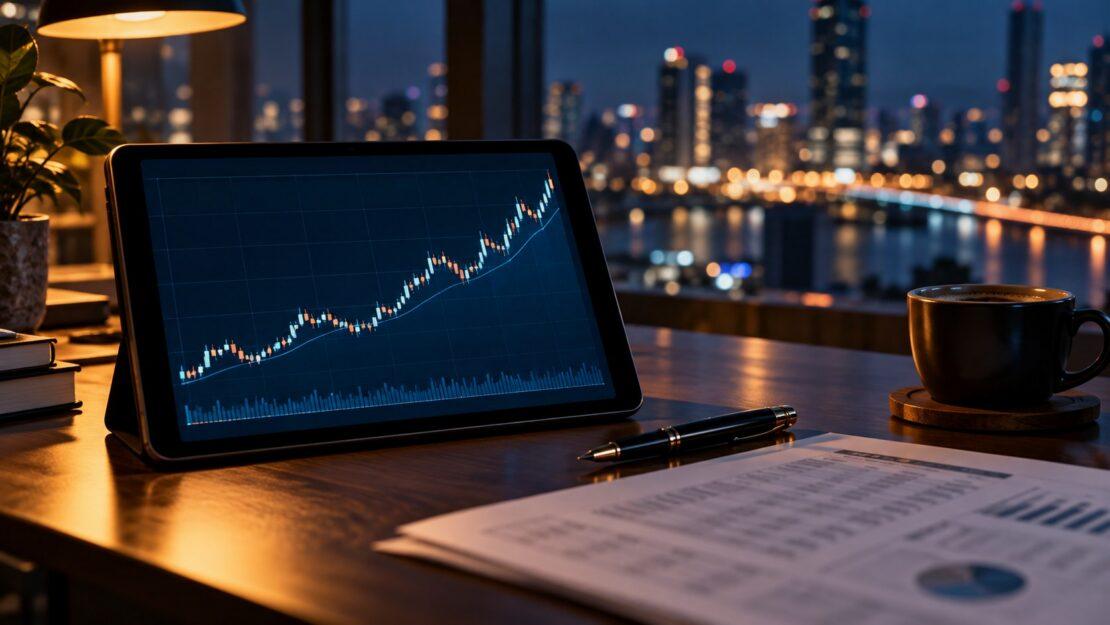 Tablet con grafico finanziario in crescita su una scrivania serale