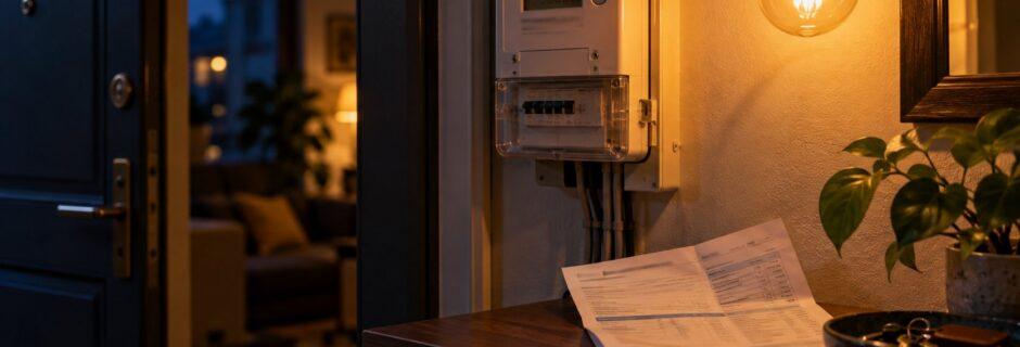 Contatore della luce nell'ingresso di casa con una bolletta appoggiata sul mobile
