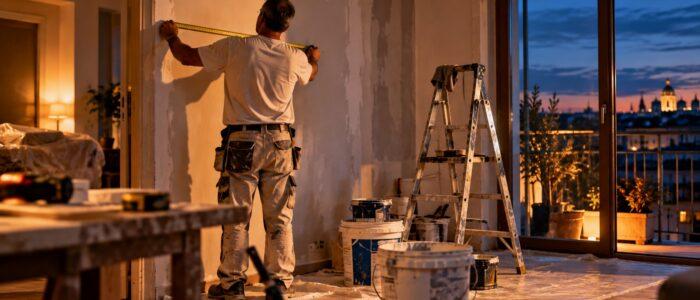 Muratore misura una parete durante una ristrutturazione in un appartamento