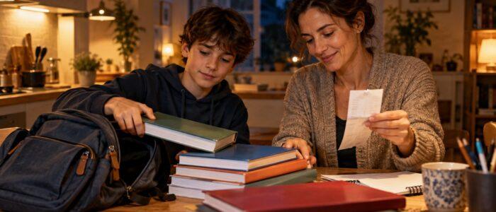 Madre e figlio sistemano i libri scolastici nello zaino al tavolo della cucina