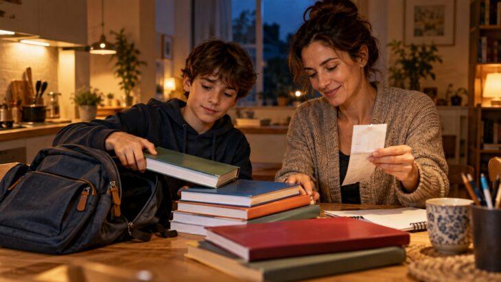 Madre e figlio sistemano i libri scolastici nello zaino al tavolo della cucina