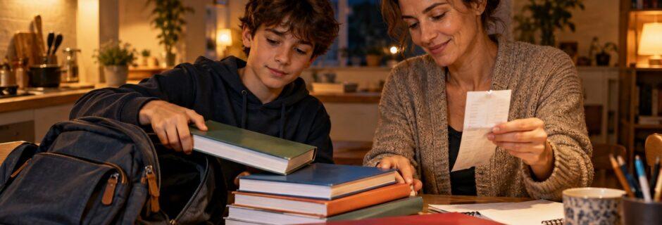 Madre e figlio sistemano i libri scolastici nello zaino al tavolo della cucina