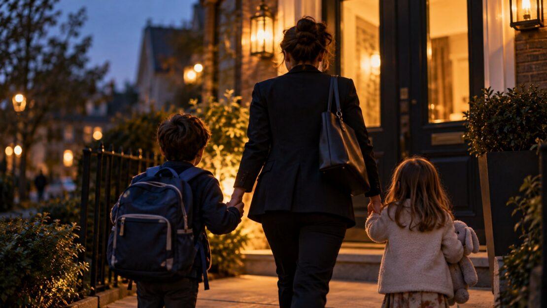Una madre lavoratrice rientra a casa la sera tenendo per mano i due figli piccoli