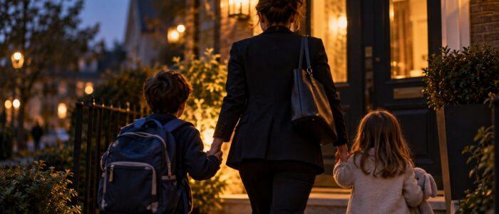 Una madre lavoratrice rientra a casa la sera tenendo per mano i due figli piccoli