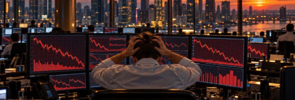 Operatore in una sala trading davanti a grafici di Borsa in forte calo