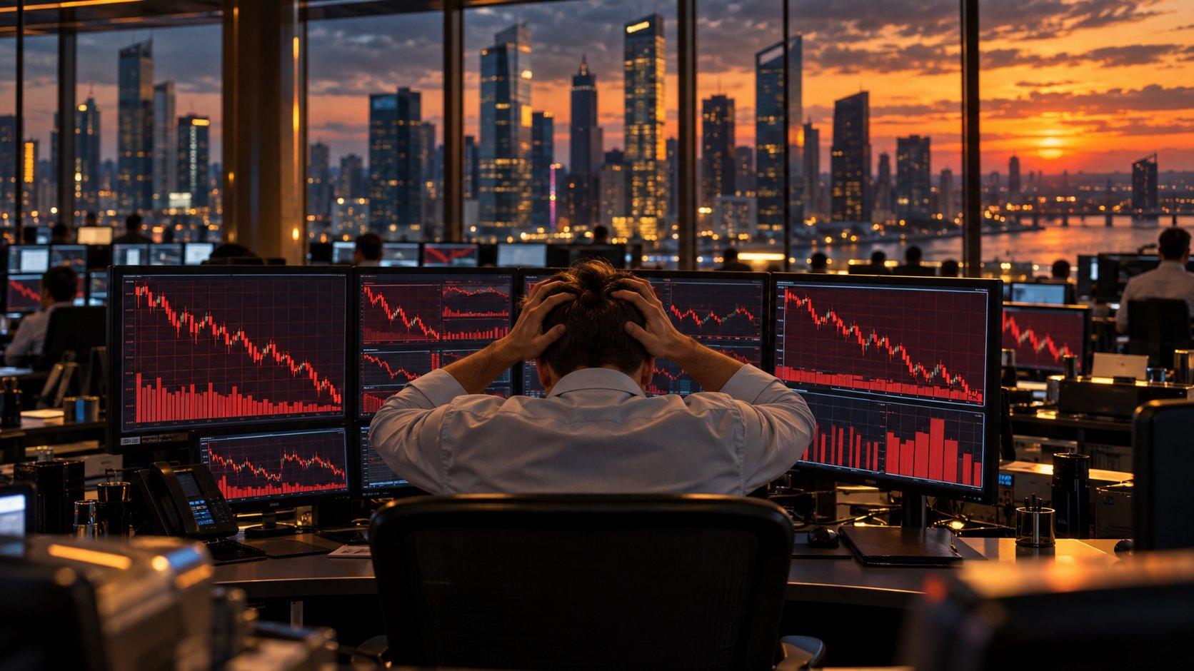 Operatore in una sala trading davanti a grafici di Borsa in forte calo