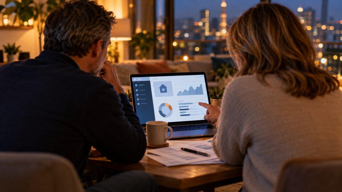 Coppia che consulta l home banking sul laptop in soggiorno