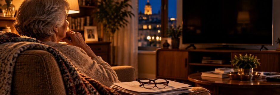 Pensionata in poltrona nel soggiorno con il televisore spento e dei documenti sul bracciolo