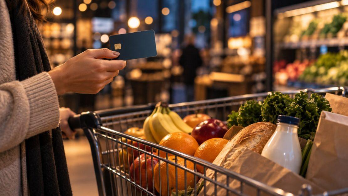 Donna al supermercato con una carta prepagata e il carrello della spesa
