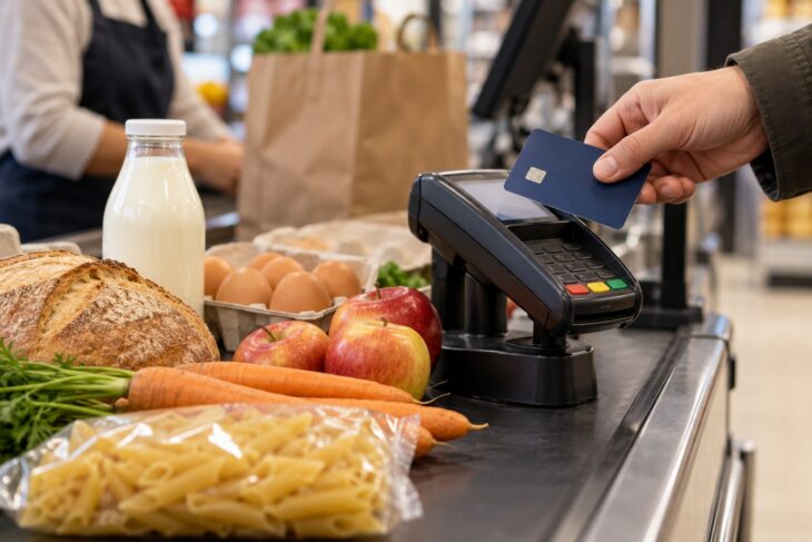 Pagamento della spesa alimentare con una carta prepagata alla cassa