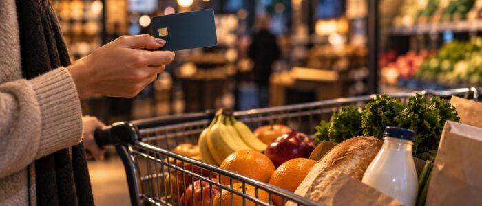 Donna al supermercato con una carta prepagata e il carrello della spesa