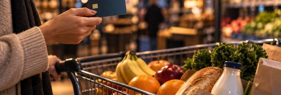 Donna al supermercato con una carta prepagata e il carrello della spesa